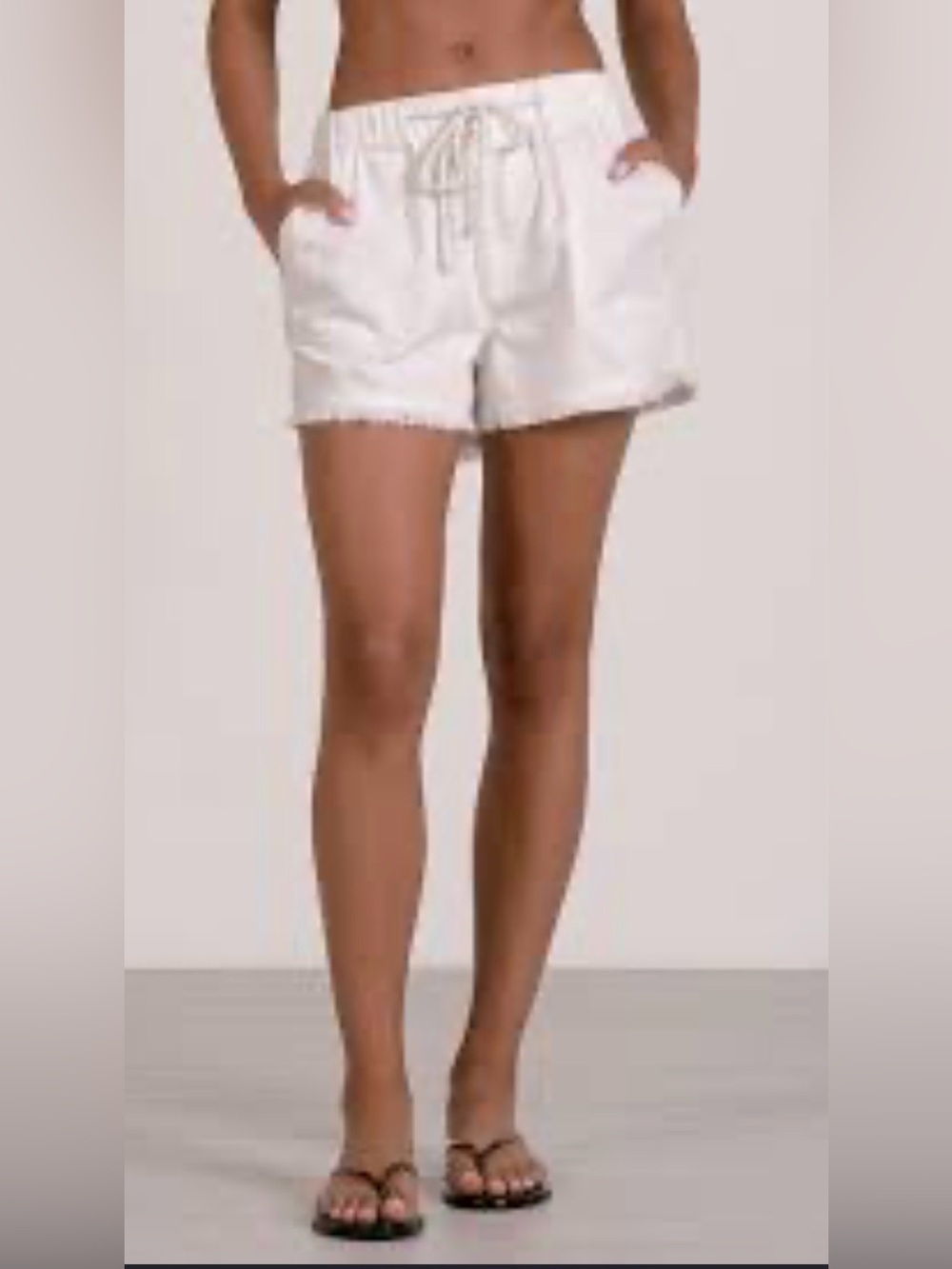 Elan Cream High-Waist Drawstring Shorts with Frayed Hem